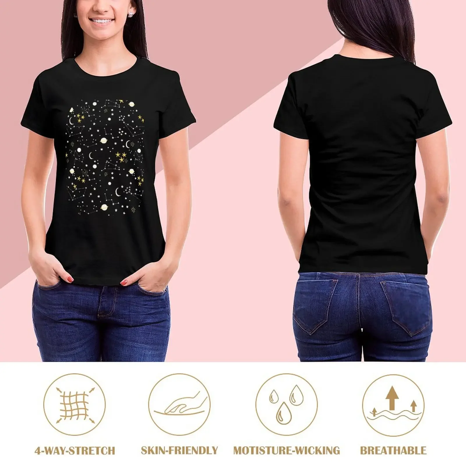 Galaxy - cosmos, moon and stars. Astronomy pattern. Cute cartoon universe design. T-Shirt Blouse anime Summer Women's clothing