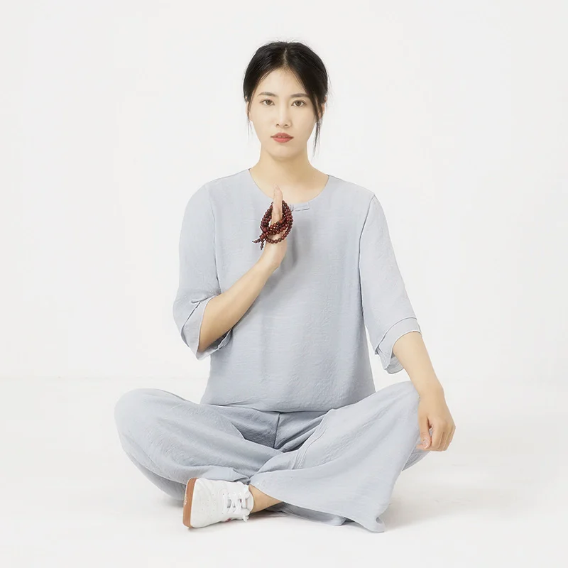 

Chinese Style Meditation Uniform Set Tea Artist Costume Elegant Zen Spirit Laywoman Tops + Pants Women TaiChi Yoga Clothing CT32