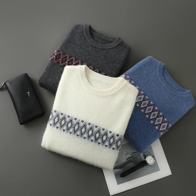 

Осень-зима Новый мужской свитер из 100% чистой шерсти с круглым вырезом Деловой повседневный пуловер Утолщенный теплый контрастный цвет Топы с длинными рукавами