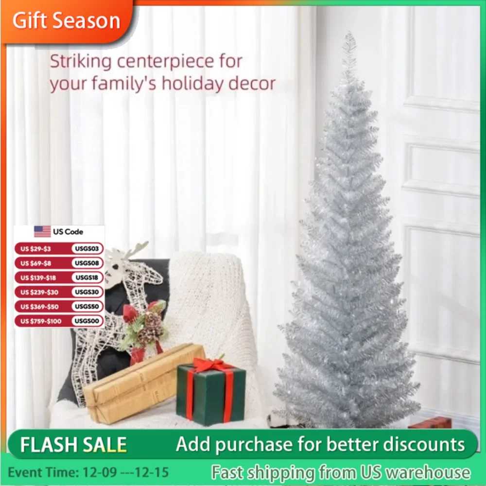 A 5-foot-long artificial Christmas tree with a slim pencil pattern of 294 branches adds a full and lush look to the tree