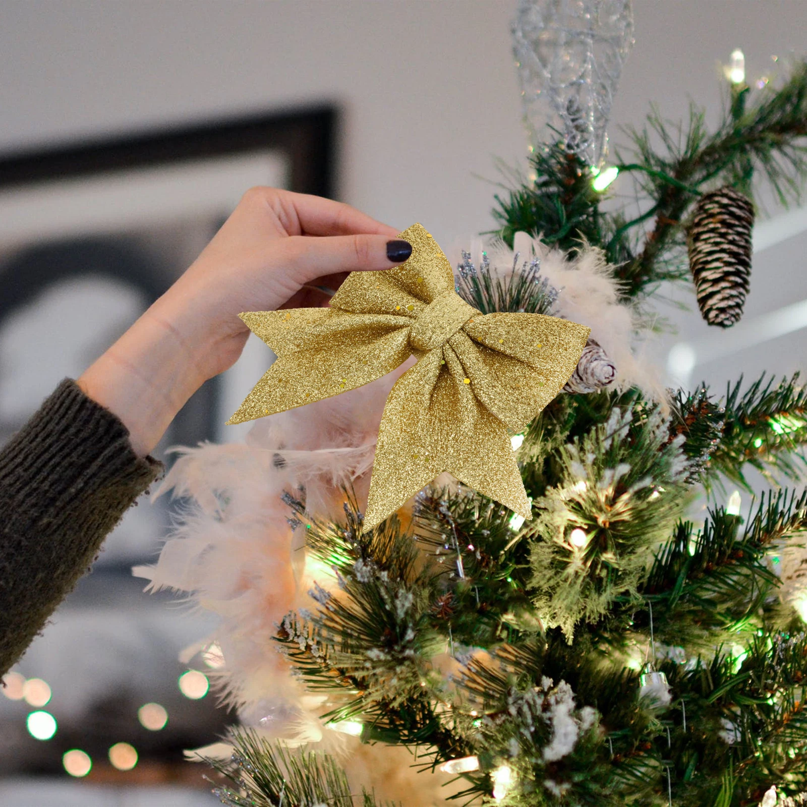 

4 Pcs Christmas Ornament DIY Decorative Bow Stocking Decorating Craft Bows Winter Ornaments Golden Seasonal