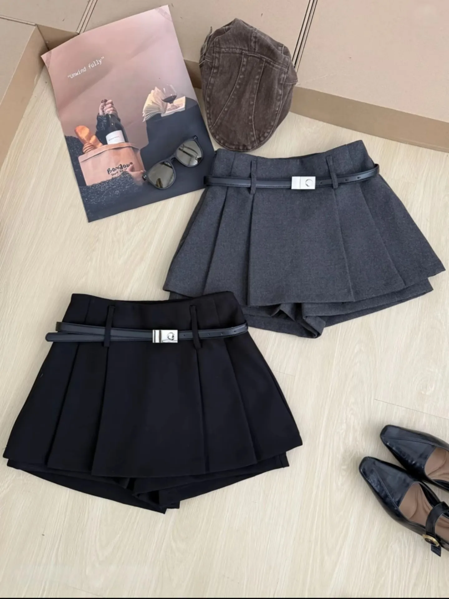 Autumn Winter Plaid Half-length Skirt Women's Belted Simple Commute Versatile Short Skirt Pants High Waist Polyester Cotton