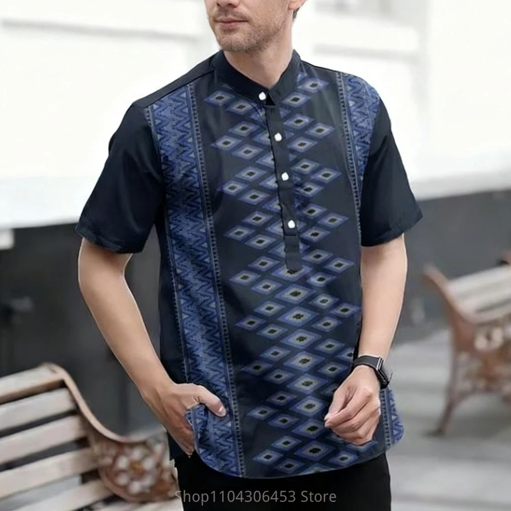 Men's simple retro stand-up collar short-sleeved shirt natural curly grass pattern 3D printing casual fashion T-shirt vacation