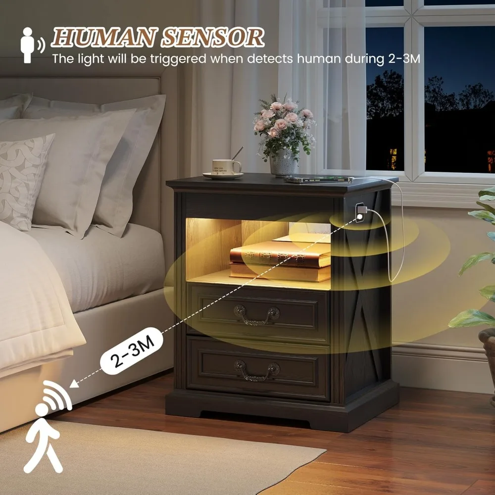 منضدة سوداء مع درج مسدس، طاولة بجانب السرير مع قاعدة شحن، حامل ليلي مع ضوء LED ومستشعر بشري، طاولة نهائية واي فاي #6