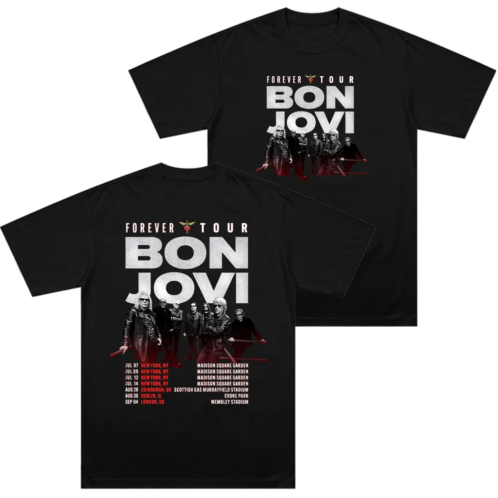 تي شيرت Bon Jovi Forever Tour تي شيرت رجالي مستدير تي شيرت نسائي قطني بأكمام قصيرة تي شيرت هدية فكرة ملابس خروج فضفاضة على الموضة
