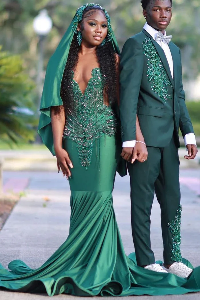 

Sparkly Green Long Prom Dresses Mermaid 2026 Beaded Rhinestone Diamond Evening Gown Black Gril Birthday Party Customized