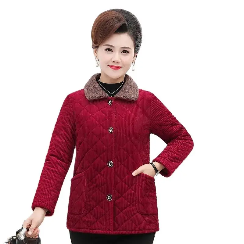 

Middle-Aged Elderly Women's Cotton Padded Coat Autumn Winter Add Velvet Quilted Jacket Single-Breasted Casual Overcoat Tops 5XL