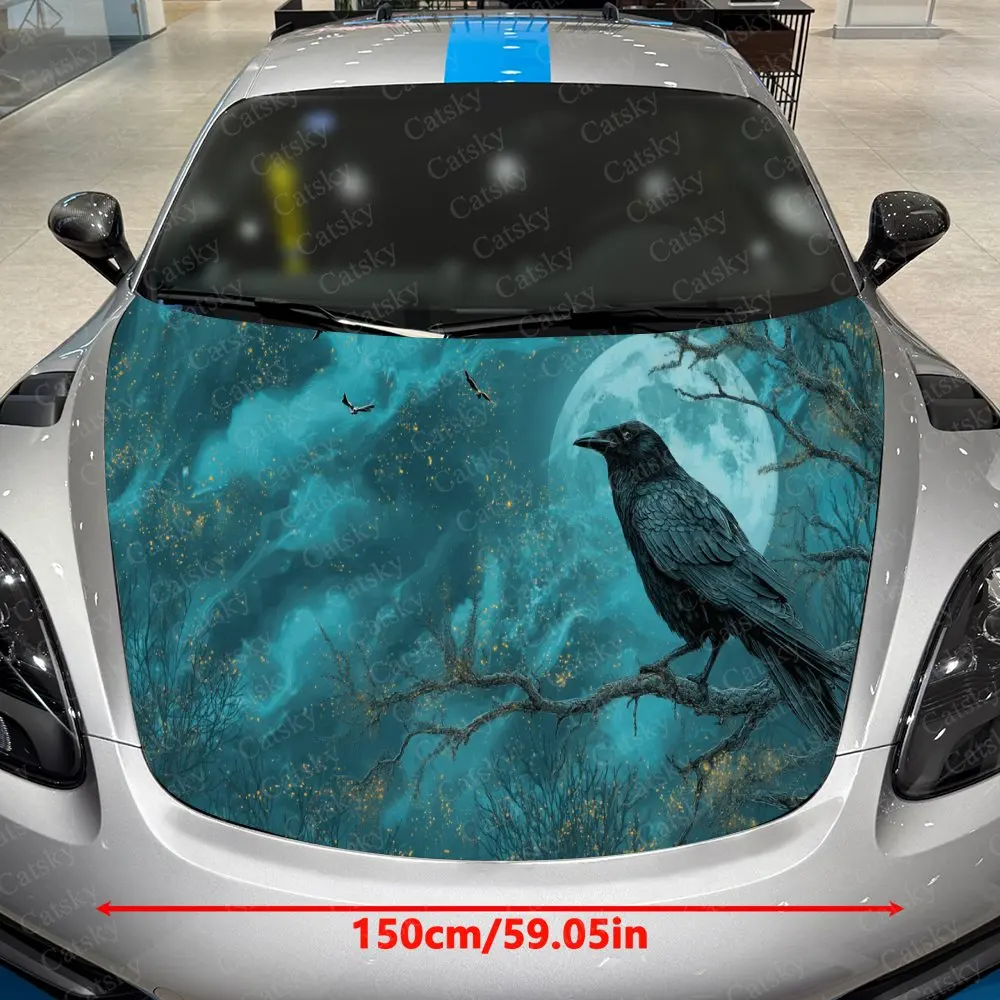 Teal Moon Perched Raven Car Vinyl Wrap, PVC Material Waterproof Car Hood Sticker, Self-Adhesive Scratch-Resistant Stickers