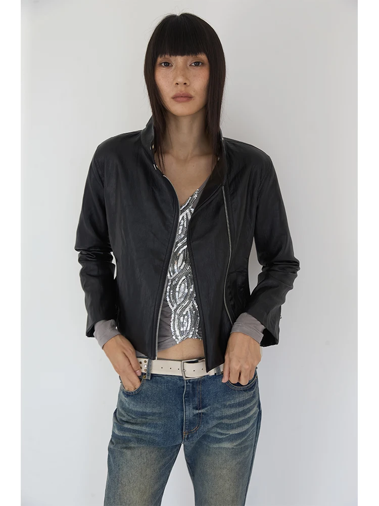 Ultra macio e confortável retro sle biker jaet cintura cinched oulder ajuste textura do plutônio proteína couro feminino casaco faion