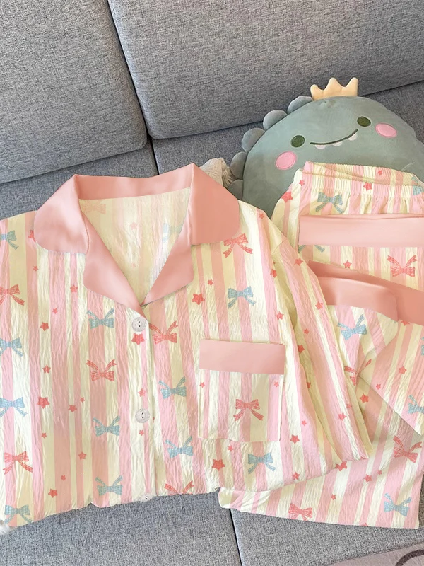 Girls Stripe Sleepwear Women's  Knot Star Long Sleeve Long Pants Korean Style Sweet Crepe Home Clothes Set - view 4