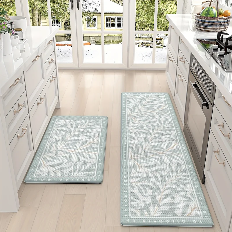 VIKAMA Minimalist Plain Leaf Printed Floor Mat, Kitchen Absorbent Anti Slip Carpet, Lobby Soft Home Decoration Floor Mat