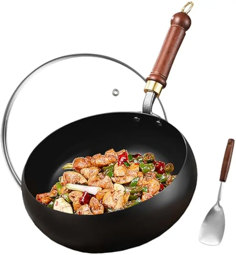 

11-дюймовая сковорода-вок из углеродистой стали со стеклянной крышкой, с антипригарным плоским дном для всех плит, китайская посуда ручной работы