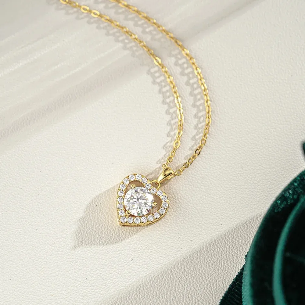 Zylax Jewelry Luxury 100% Real 18k Gold  Women's Heart-shaped Love Pendant Clavicle Chain Moissanite Necklace