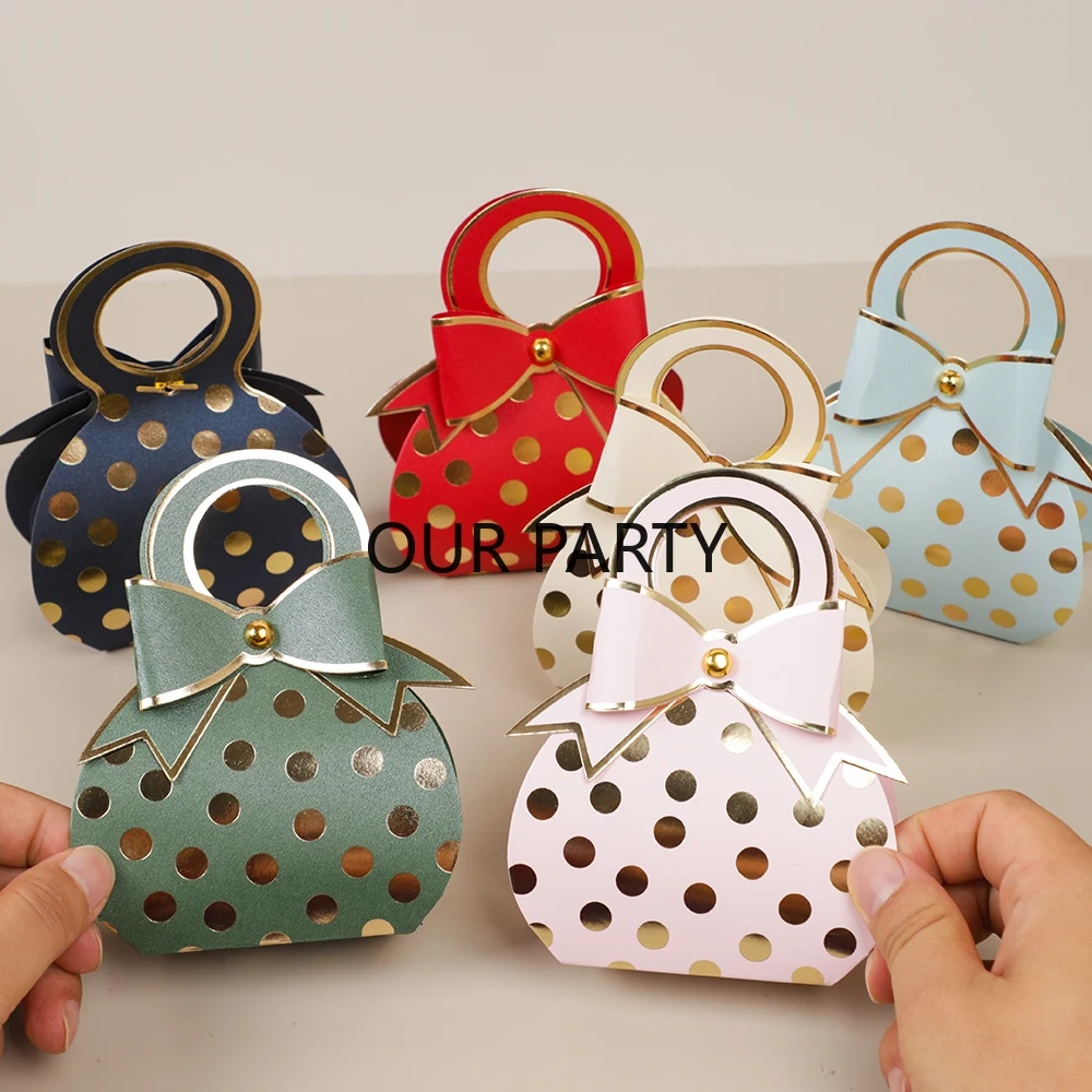 10Pcs Sweet Gilding Dot Hand Bag Shaped Candy Chocolate Box Gift Packing Bag for Birthday Baby Shower Wedding Party Decoration