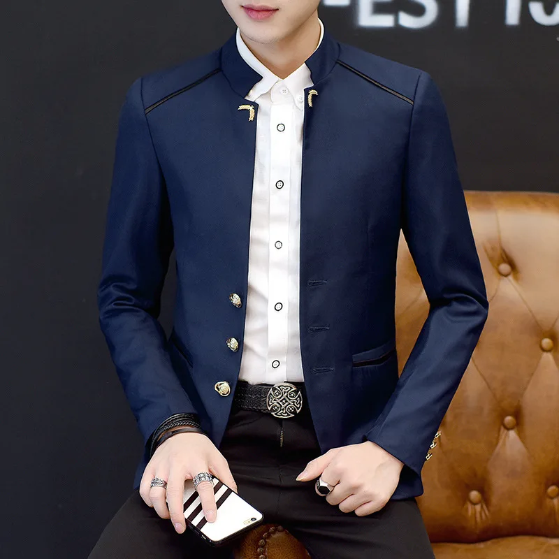 

New Stand Collar Suit Jackets Men Casual Suit Fashion Badge Buttons Long Sleeve Coat Blazers Men's Wedding Dress Four Seasons