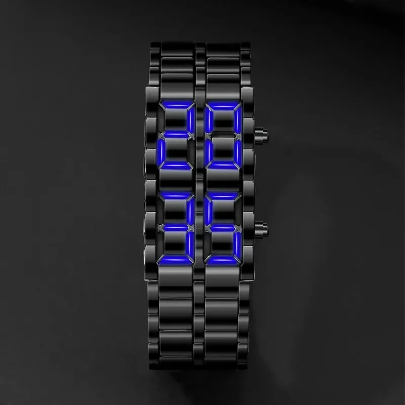 Relógio de pulso digital Lava masculino, metal completo preto, display LED azul, relógios masculinos, presentes para homem, image 3