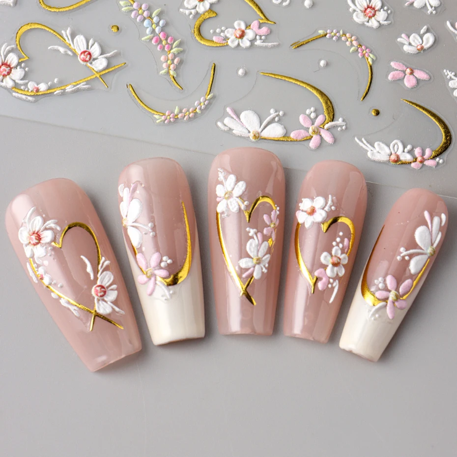 5D Embossed White Floral Gold Line Sliders Spring Pink Flowers Nail Stickers DIY Simple Petals Wedding Nails Decals Accesories