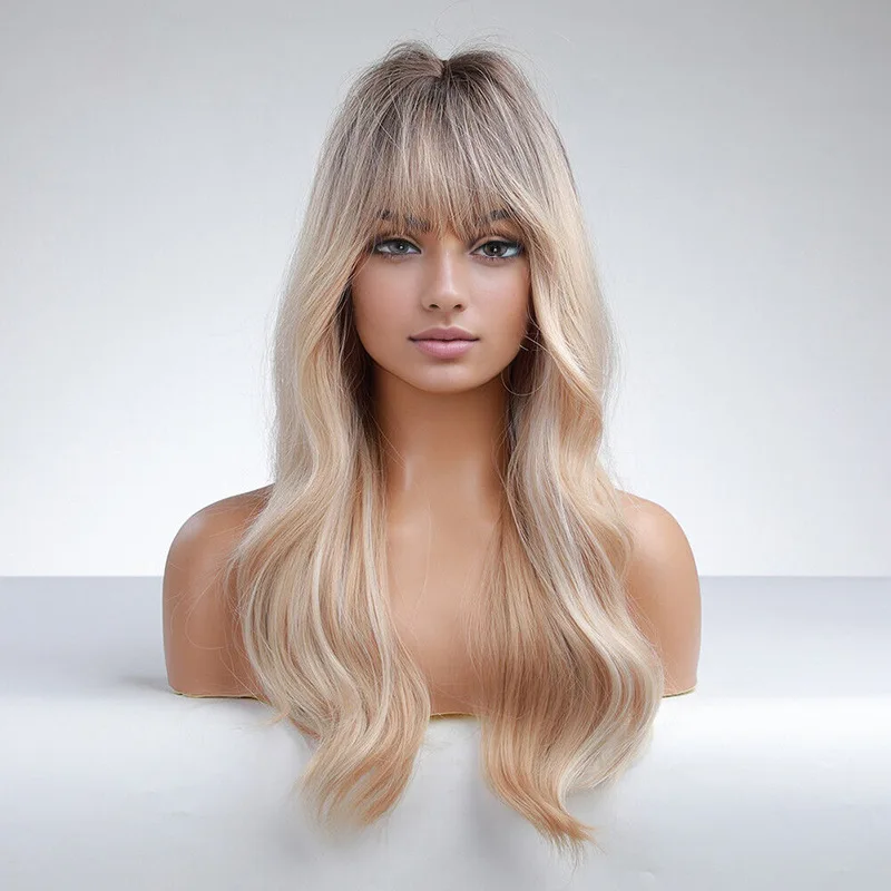 

Long wave wig bangs long curly wig synthetic chemical fiber headgear wig