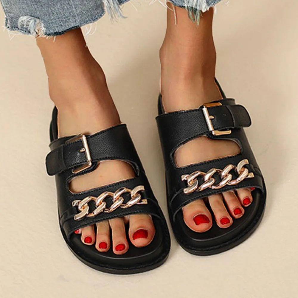 Beach Sandals Women 2024 Summer New Mental Chain Ladies Flat Casual Sandals 35-43 Large-Sized Female Buckle Comfy Slippers