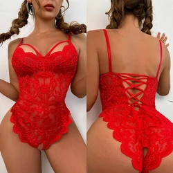 Lencería roja sin entrepierna Sexy para mujer, conjuntos de sujetador de vendaje trasero de encaje, disfraces eróticos, vestido de muñeca de peluche, conjunto de ropa interior porno abierto