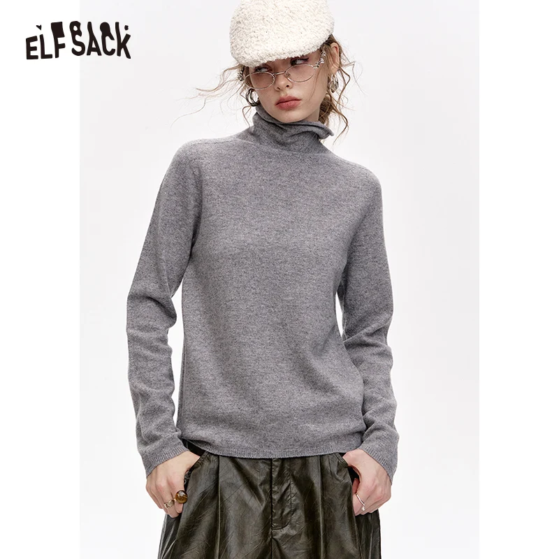 

ELFSACK 2024 Winter New Arrivals Versatile Half Turtleneck Solid Color Slim Fit 100% Wool Warm Knit Cardigan Christmas