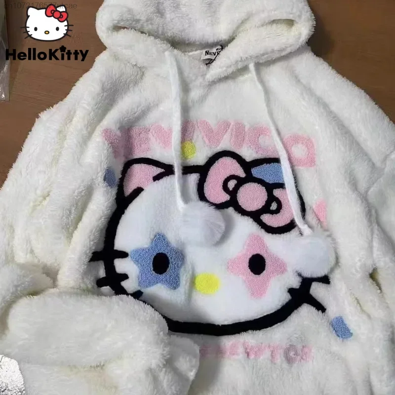 Sanrio Hello Kitty Punk Star Fashion Embroidery Hoodie for Women In Autumn And Winter, Plush Thick Cute Hoodie Clothes