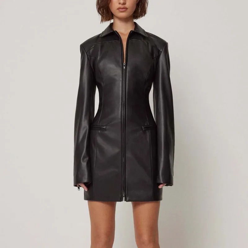 HKSH 春秋の新女性 Pu レザードレスターンダウン襟ダブルジッパー長袖スリムフィットセクシーなシックなパンクドレス HK12954