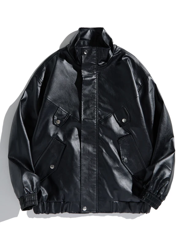 

Youthful Casual PU Leather Jaet Men's Loose Fit Windproof Stand Collar Motorcycle Sle Faionable Autumn Spring Outerwear