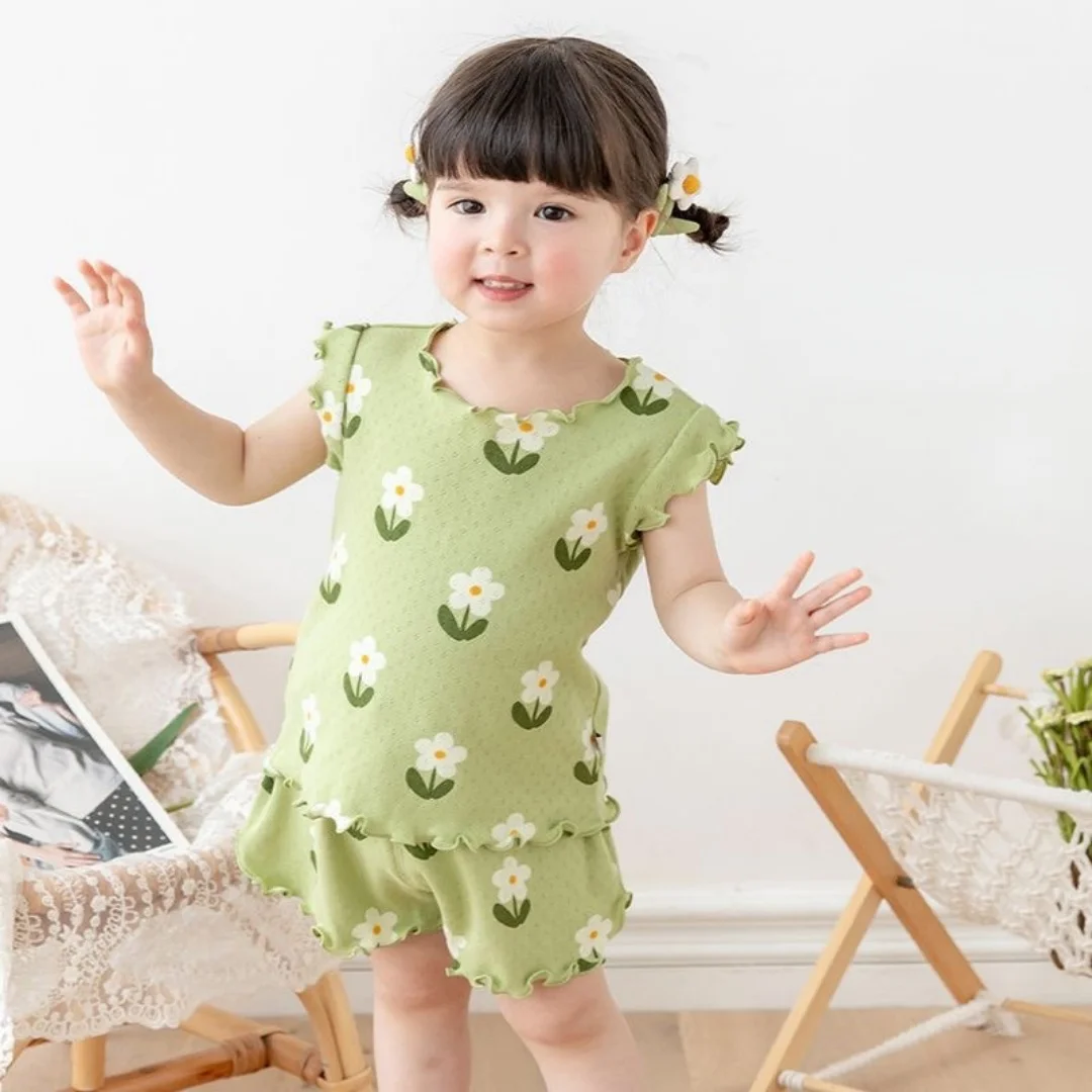 1-6Y Summer Cute Girls Pajama Set Flower Print Ruffle Sleeveless Top+Shorts 2 Pcs Clothes for Kids Thin Soft Children Suit image 3