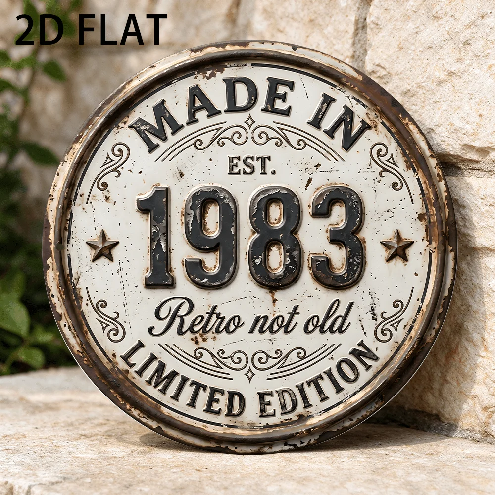 2D Flat, [2D Flat] 1pc Vintage 'MADE IN 1983 RETRO NOT OLD' Outdoor Aluminum Decorative Plaque (7.9'x7.9'), 1983 Birth Year Roun