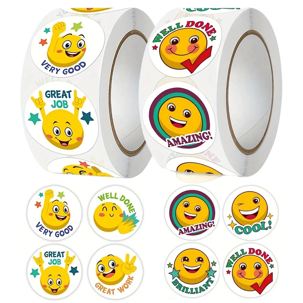 500Pcs/Roll Cartoon Funny Smile Face Expression Reward Stickers 8 Designs 2.5cm/1.0in Round For PC Pad Fridge Gift Diy Decor