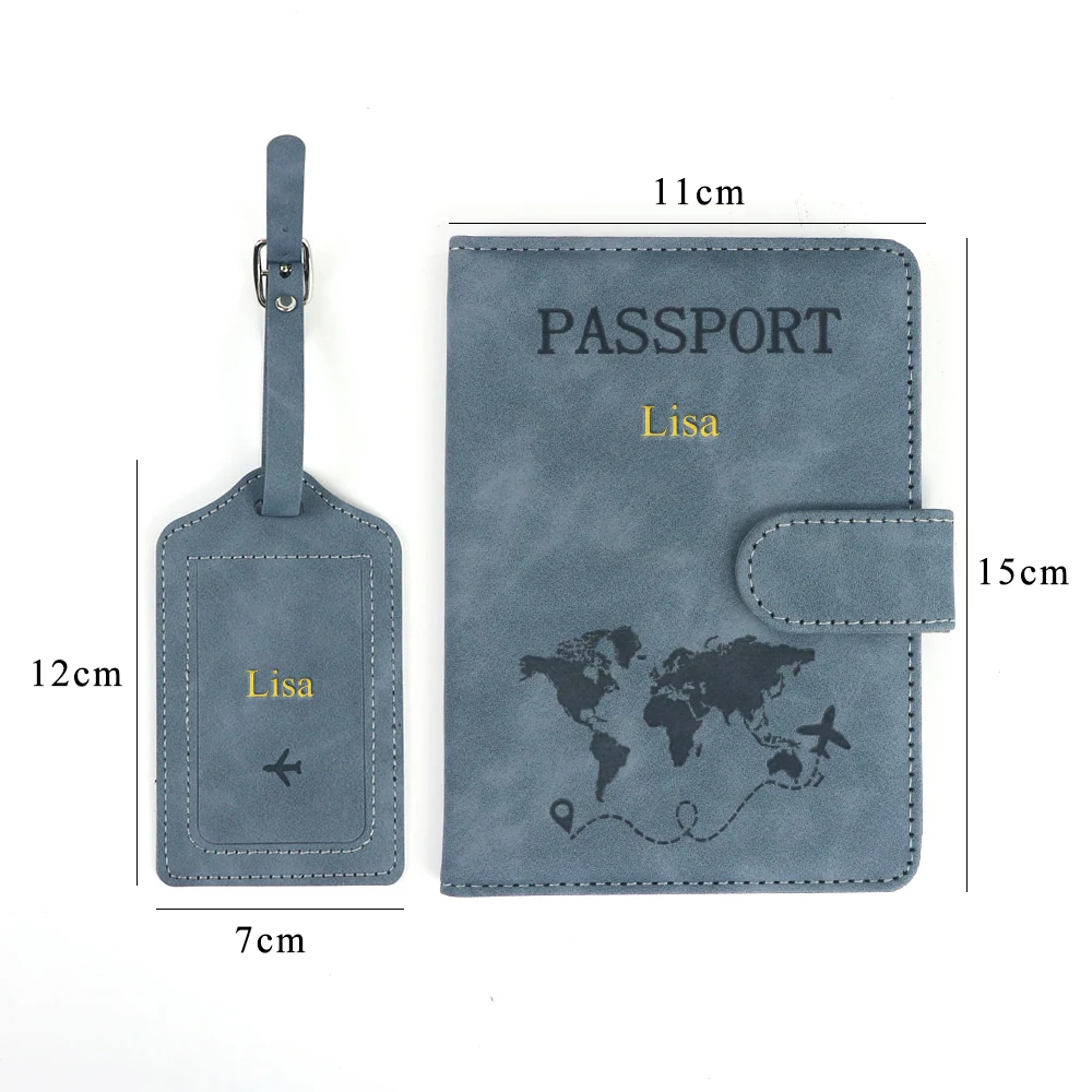 Customized Name Anti-Magnetic Passport Book PU Leather Passport Holder Luggage Tag Magnetic Snap Passport Bag Set view 6