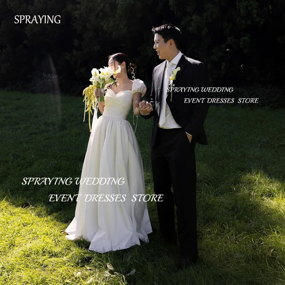 SPRAYING Una linea di raso avorio Corea Abito da sposa Servizio fotografico Manica a sbuffo Sweetheart Abito da sposa lungo Corsetto ........... Personalizzato