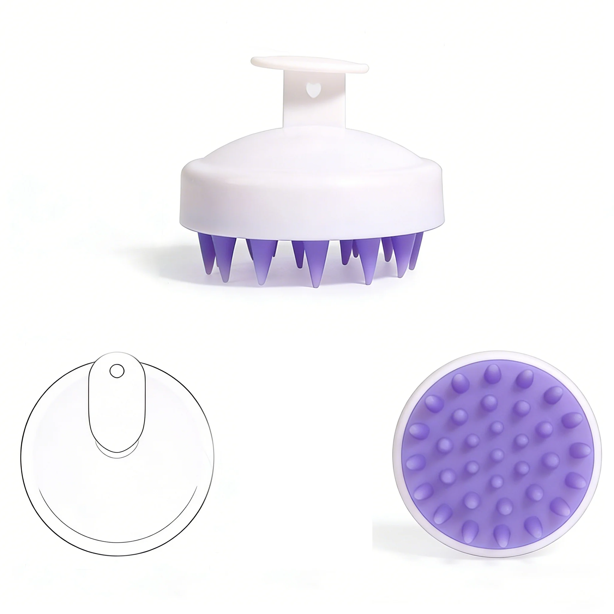 

Двухцветная массажная щетка для кожи головы, черная/белая ручка с полупрозрачными фиолетовыми щетинками из TPR, глубоко очищающая щетка для волос.