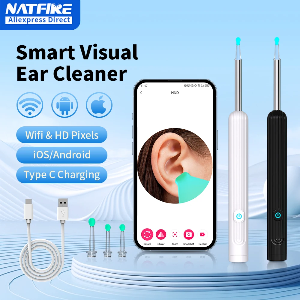 Nettoyeur d'oreille visuel intelligent avec caméra 1296P, bâtons d'oreille, chargement USB C, outil de suppression d'avertissement d'oreille, connexion WiFi, 6 lumières LED, cure-oreille