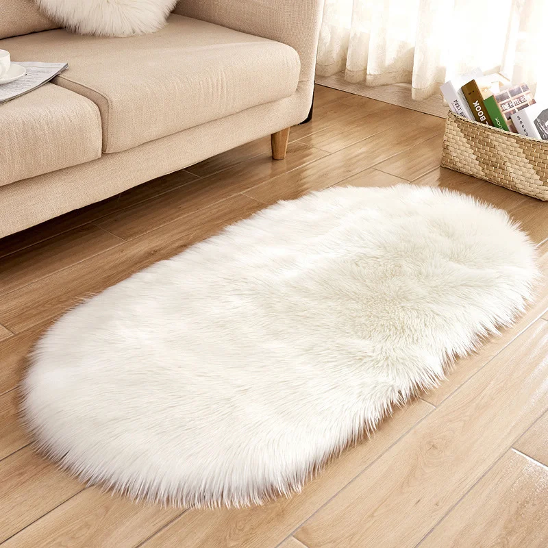 Oval Faux Fur Sheepskin Fluffy Floor Rug, White 60x120CM