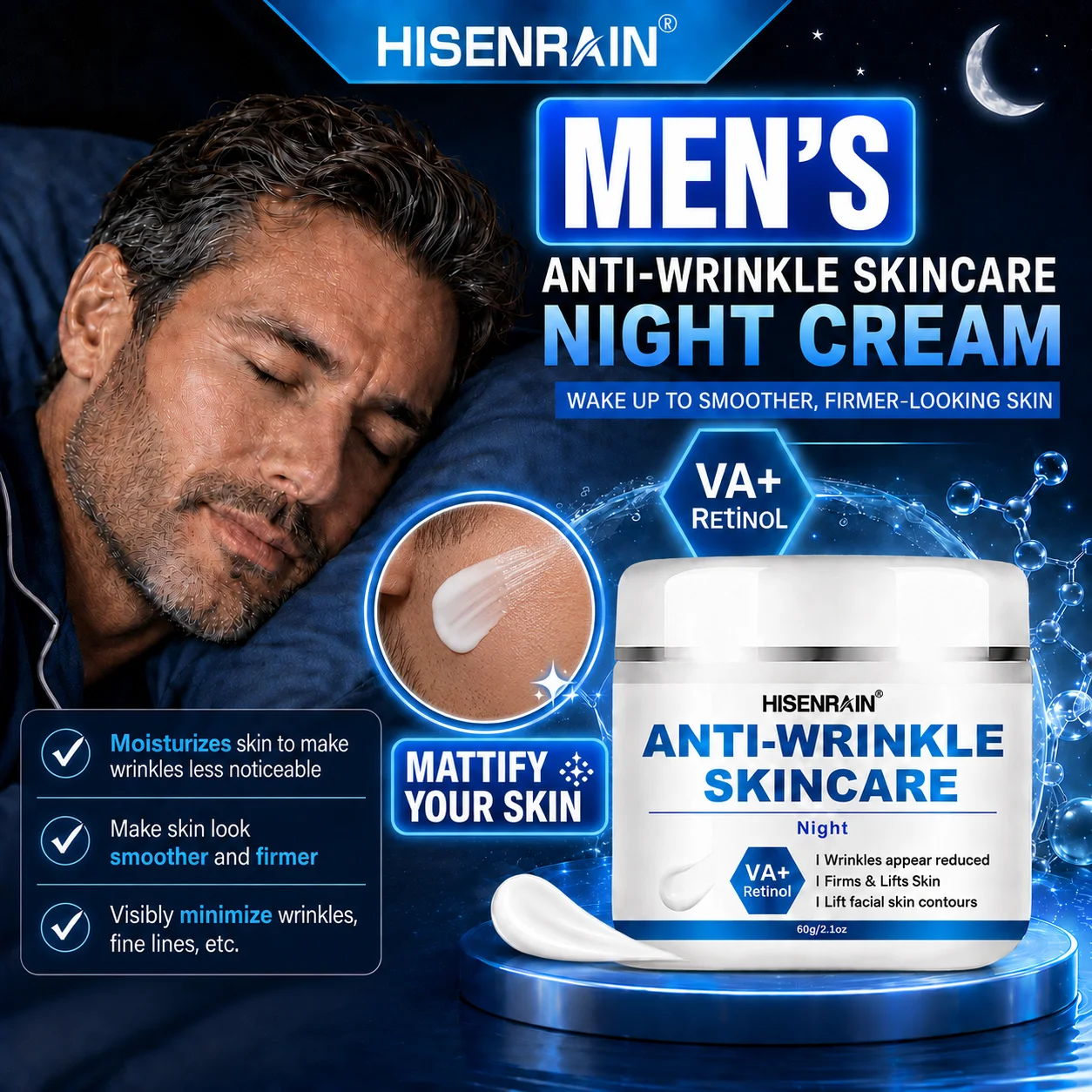 HISENRAIN Retinol Night Moisturizing Cream Deep Hydration Firming & Lifting Gentle Creamy Texture for Rapid Absorption Skin Care