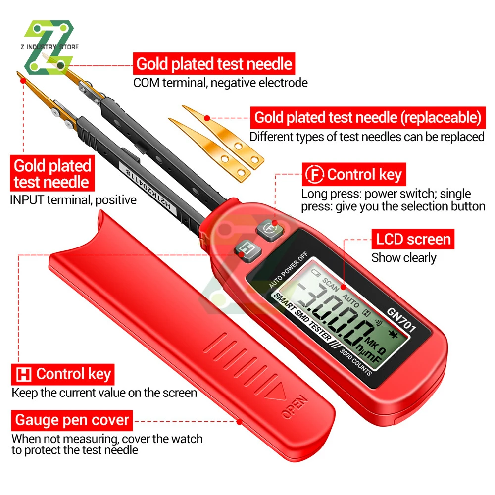 GN701 Transistor Tester 3000 Counts Multimeter SMD Chip Tester High Precision Diode Resistance Capacitance Meter Detection Pen