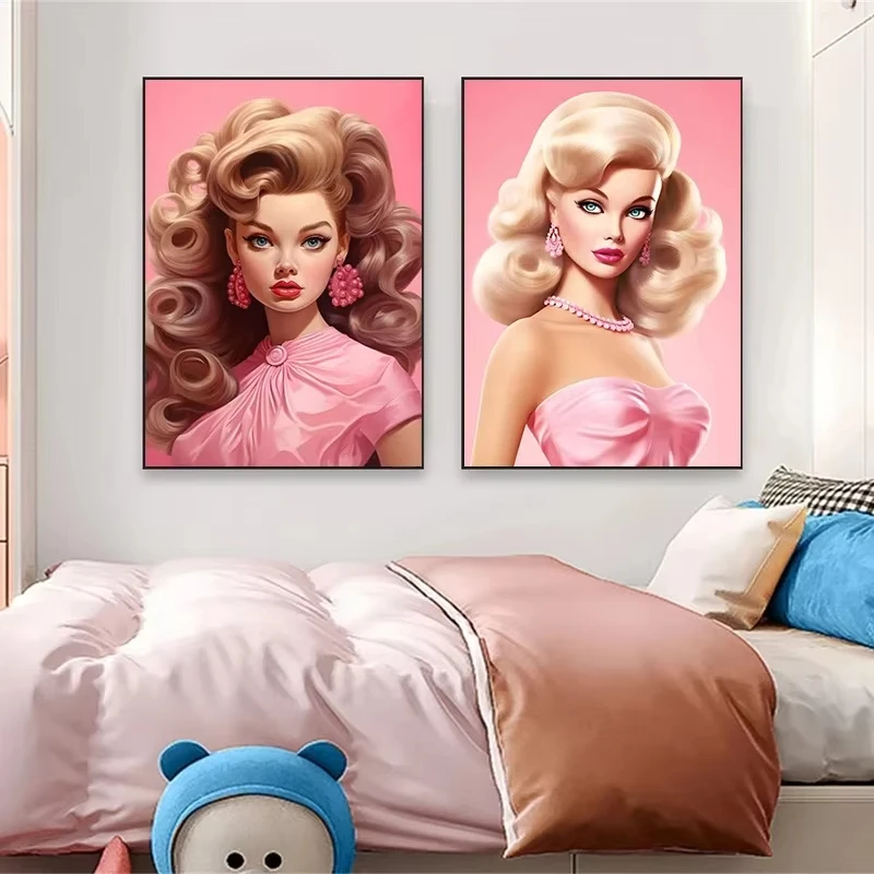 أزياء الكرتون الوردي B-Barbie فتاة الملصقات دمية جميلة يطبع قماش الطباعة جدار صورة فنية للفتيات غرفة نوم ديكور المنزل هدية #3