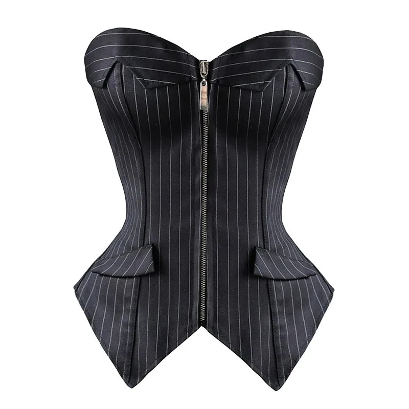 

Sexy Black Striped Overbust Corset Office Lady Corselet Sexy Women Zip Corset Bustier Strapless Tops Professional Costume