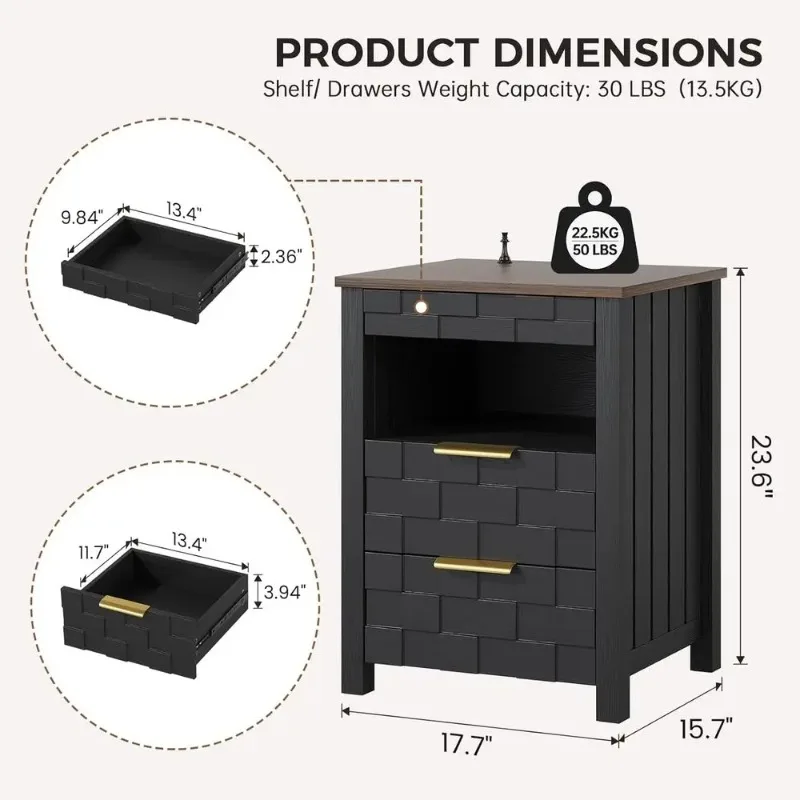 Nightstand with Gun Der - Bede Table with Charging Station and 2 Ders, Smart Side Table with 3-Color Human Sensor LED Lights or