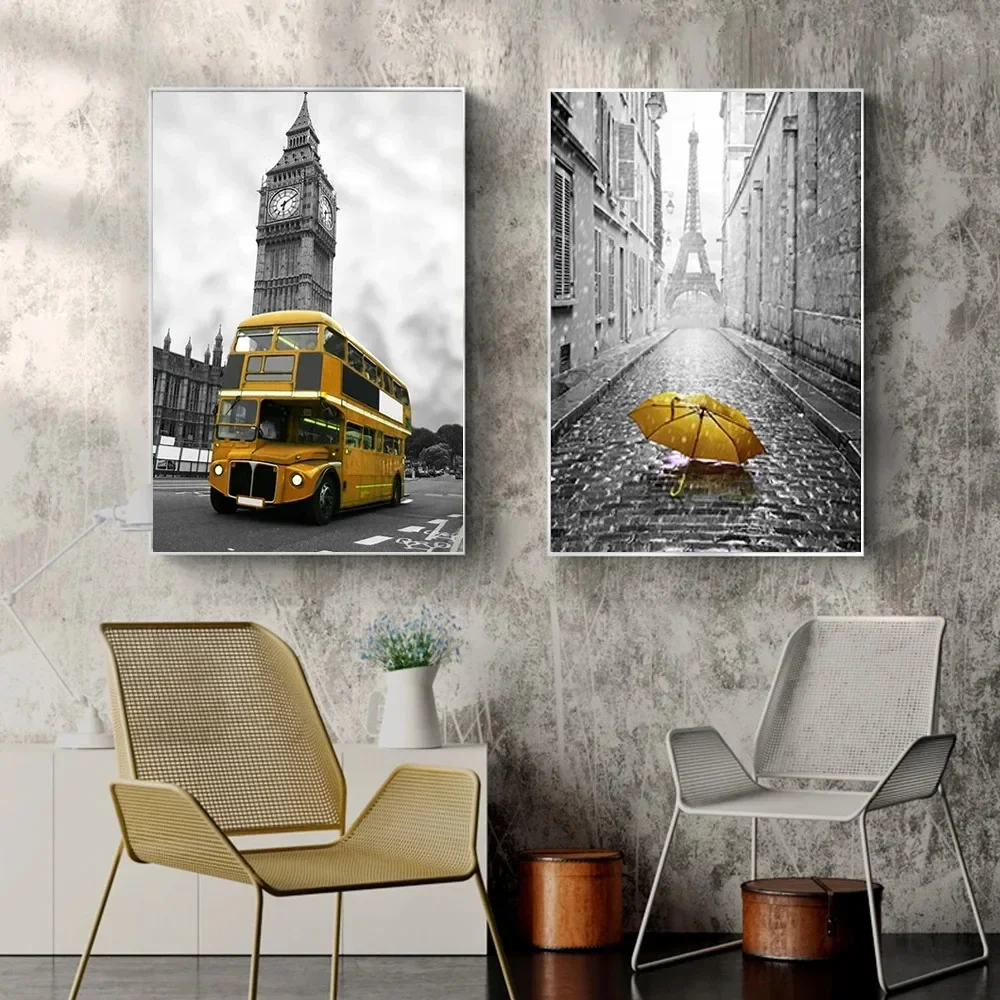 Black and White City Landscape Paris Big Ben Eiffel Tower Red Bus Umbrella Wall Art Print Canvas Painting Poster for Home Decor