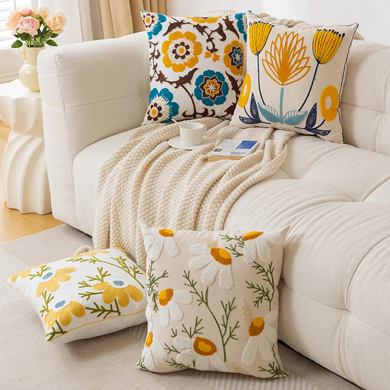 Towel Embroidered Blossom Pillow Cover Home Living Room Sofa Floating Window Decoration Cushion Cover Small Daisy Pillow Case