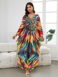 Elegancka damska damska Plus Size Kaftan 2024 letnia sukienka z dekoltem w stylu Boho z dekoltem w szpic seksowna okrycie plażowe sukienka Q1588