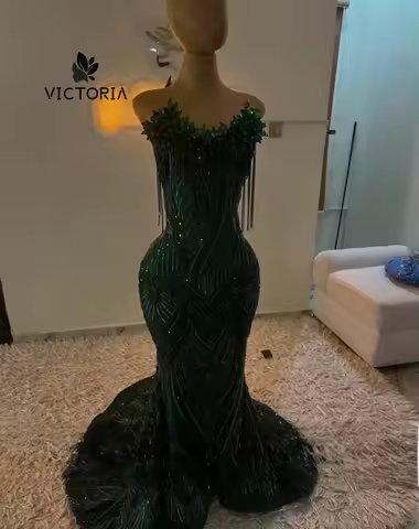 Shiny Emerald Green Rhinestones Diamond Prom Dresses Customized Beading Evening Gowns African Wedding Party Gala Dress