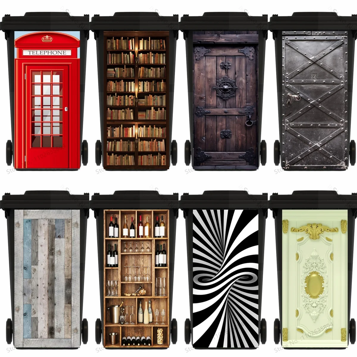 Telephone Booth Wood Grain Cabinet Trash Can Sticker Waterproof Plants Forest Mural Outdoor Trash Can Poster Garbage Decoration