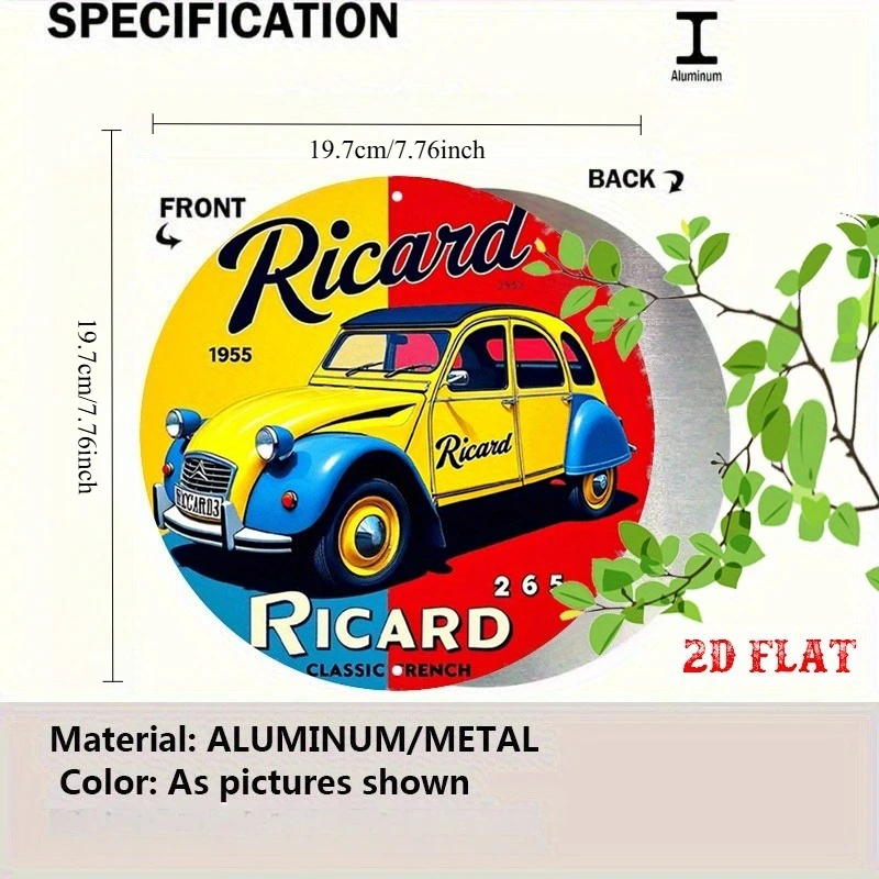 2D Ricard Vintage Car Metal Tin Sign Round Aluminum Wall Art with Classic Yellow & Blue Design, Rustic Home Decor for Garage