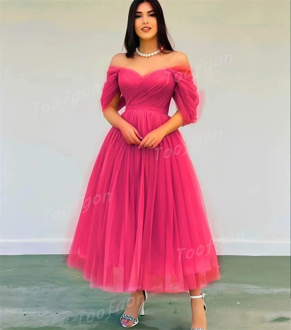 Toofgon-vestidos de graduación con hombros descubiertos, vestido de fiesta de noche de tul azul, línea A, corsé en la espalda, vestidos elegantes de fiesta personalizados