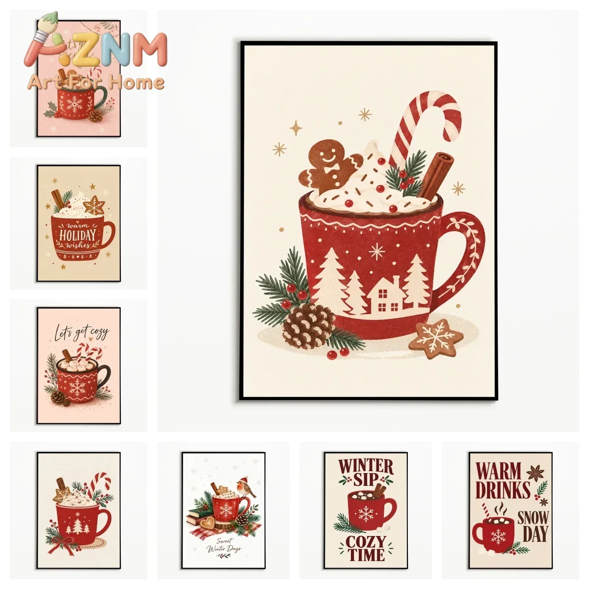 1PC,Vintage Wall Art Christmas Hot Cocoa Cup Poster Winter Canvas Painting Home Office Decor Room Wall Decor Gallery Wall Prints