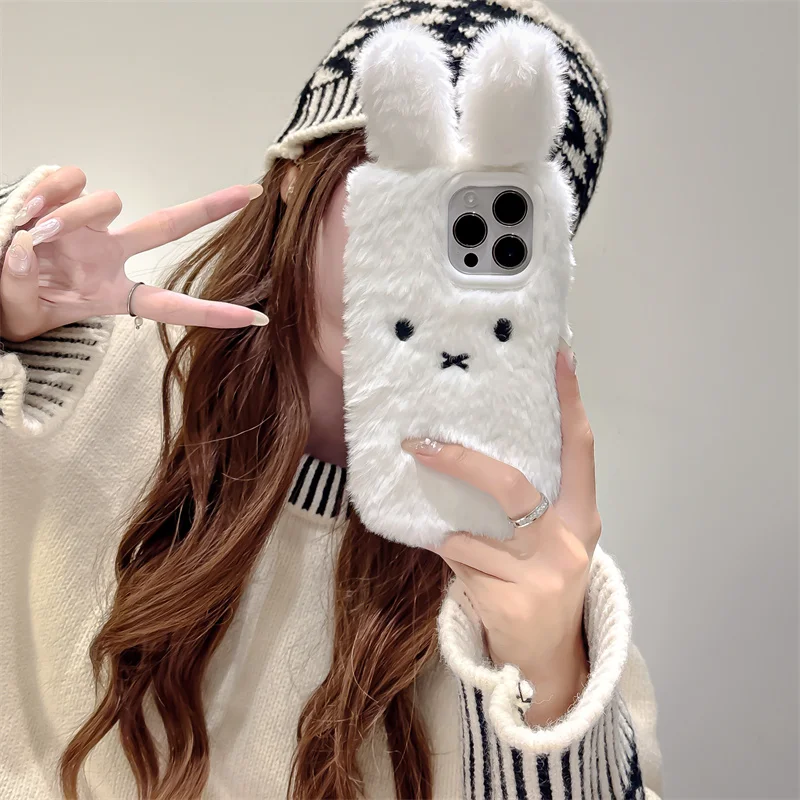 Warm Winter Plush White Rabbit Phone Case For iPhone  13 14 15 16 pro max